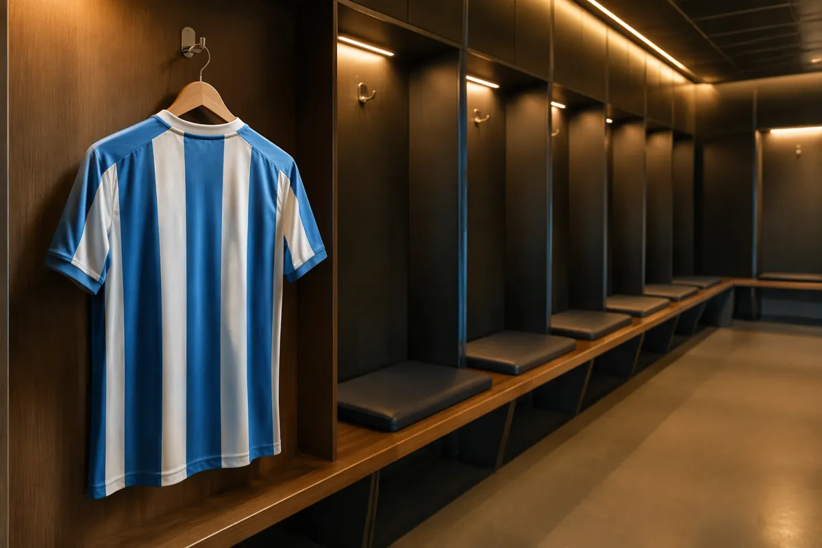 Wide shot of a generic blue and white striped football jersey hanging in a modern empty st