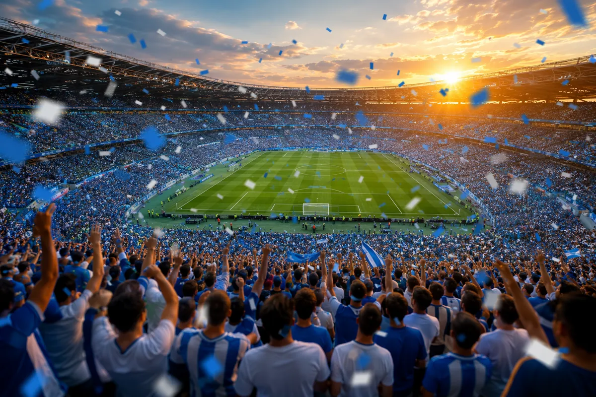 Wide shot of a modern football stadium during golden hour, with blue and white confetti fa