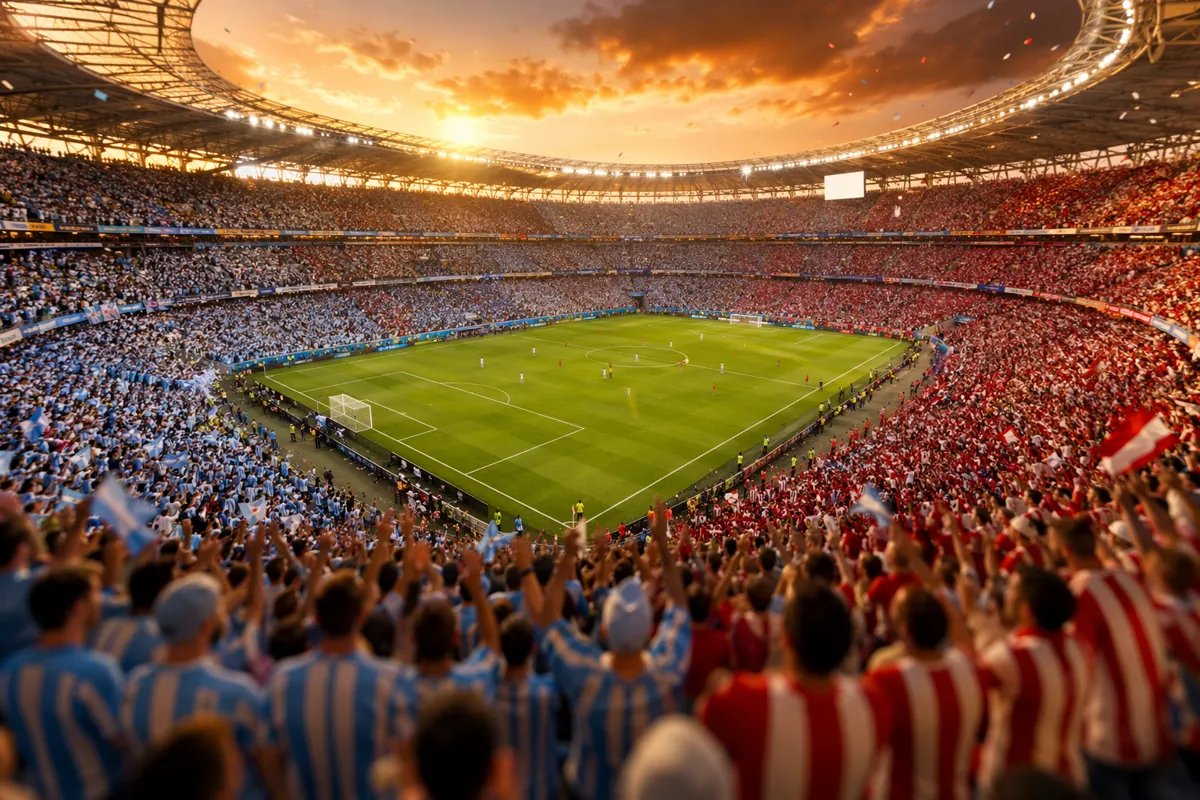Wide shot of a modern World Cup football stadium at golden hour, with blurred crowds of fa