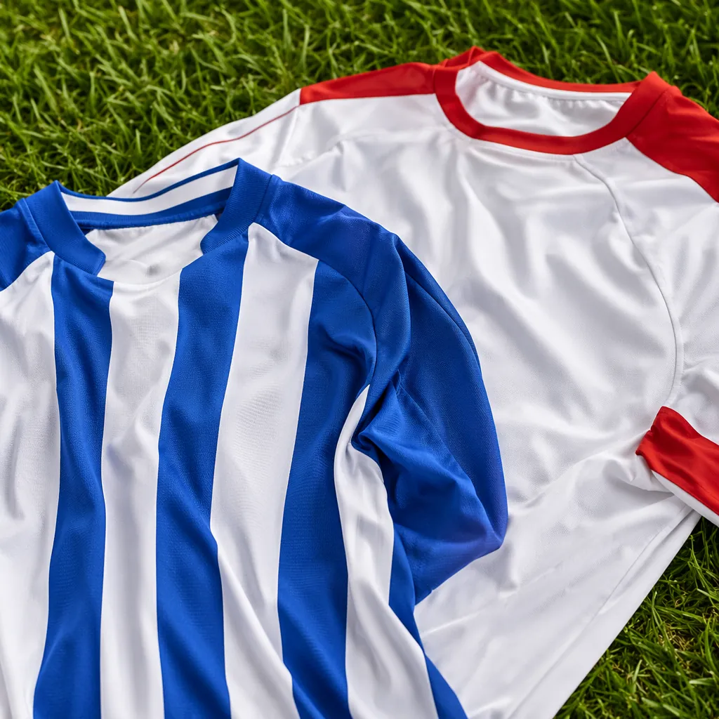 Close-up of two generic football jerseys, one blue and white striped, one white