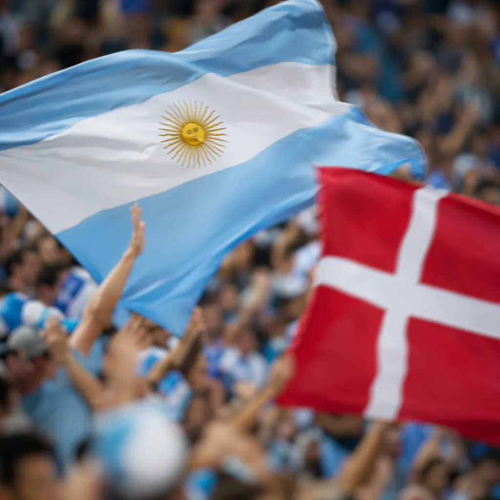 Blurred shot of football fans holding generic national flags in stadium stands,