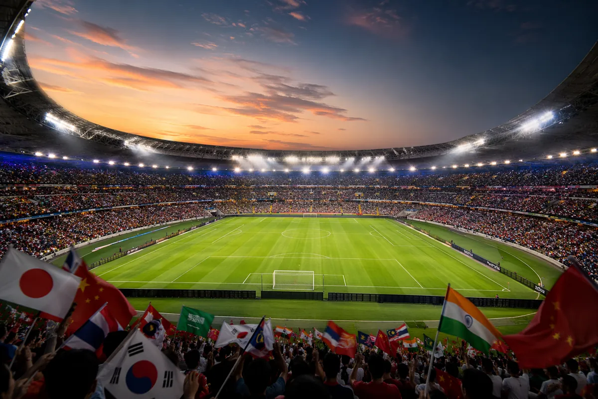 Wide shot of a generic football stadium at dusk, with empty green pitch, bright stadium li