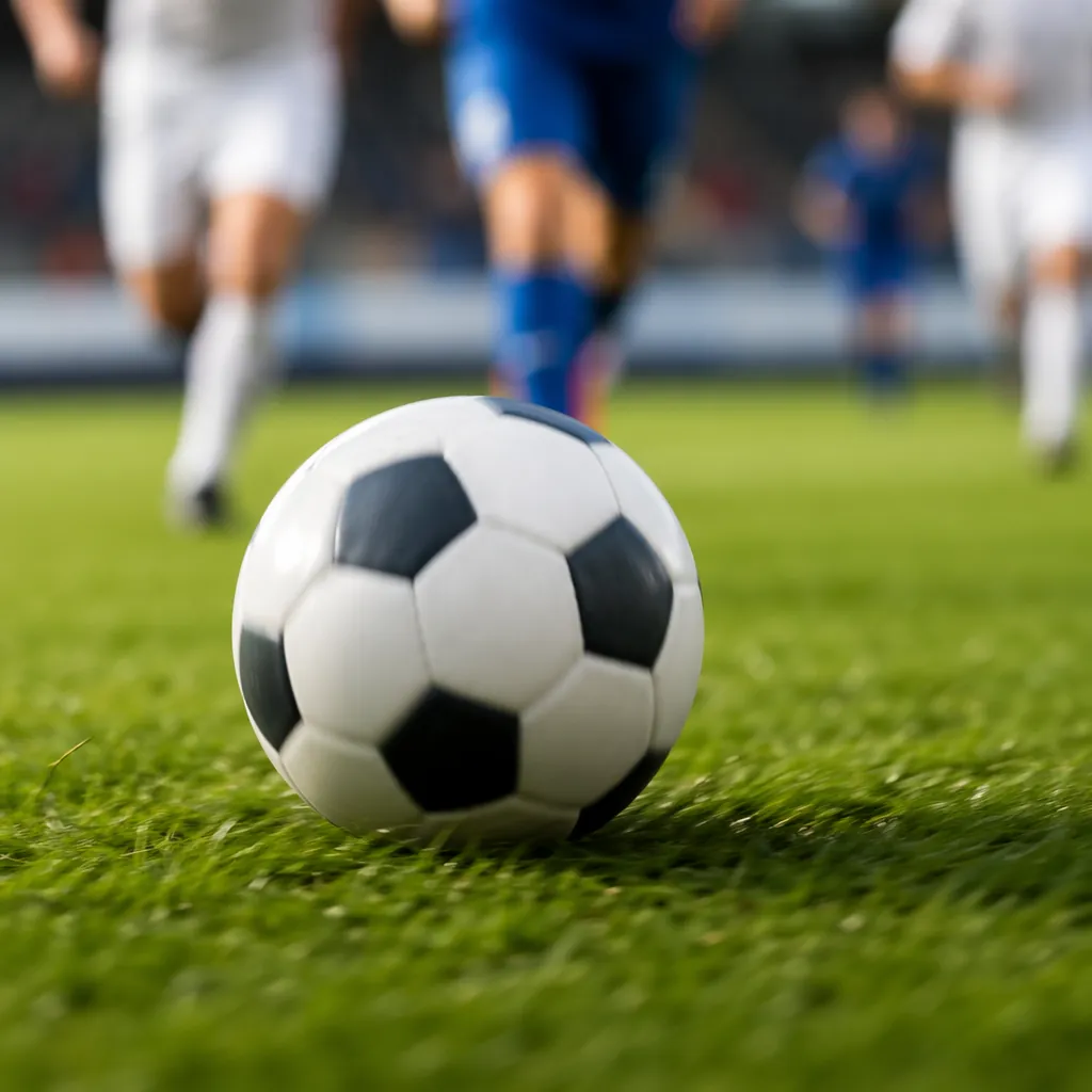 Close up shot of a generic football rolling on a green grass pitch, with blurred