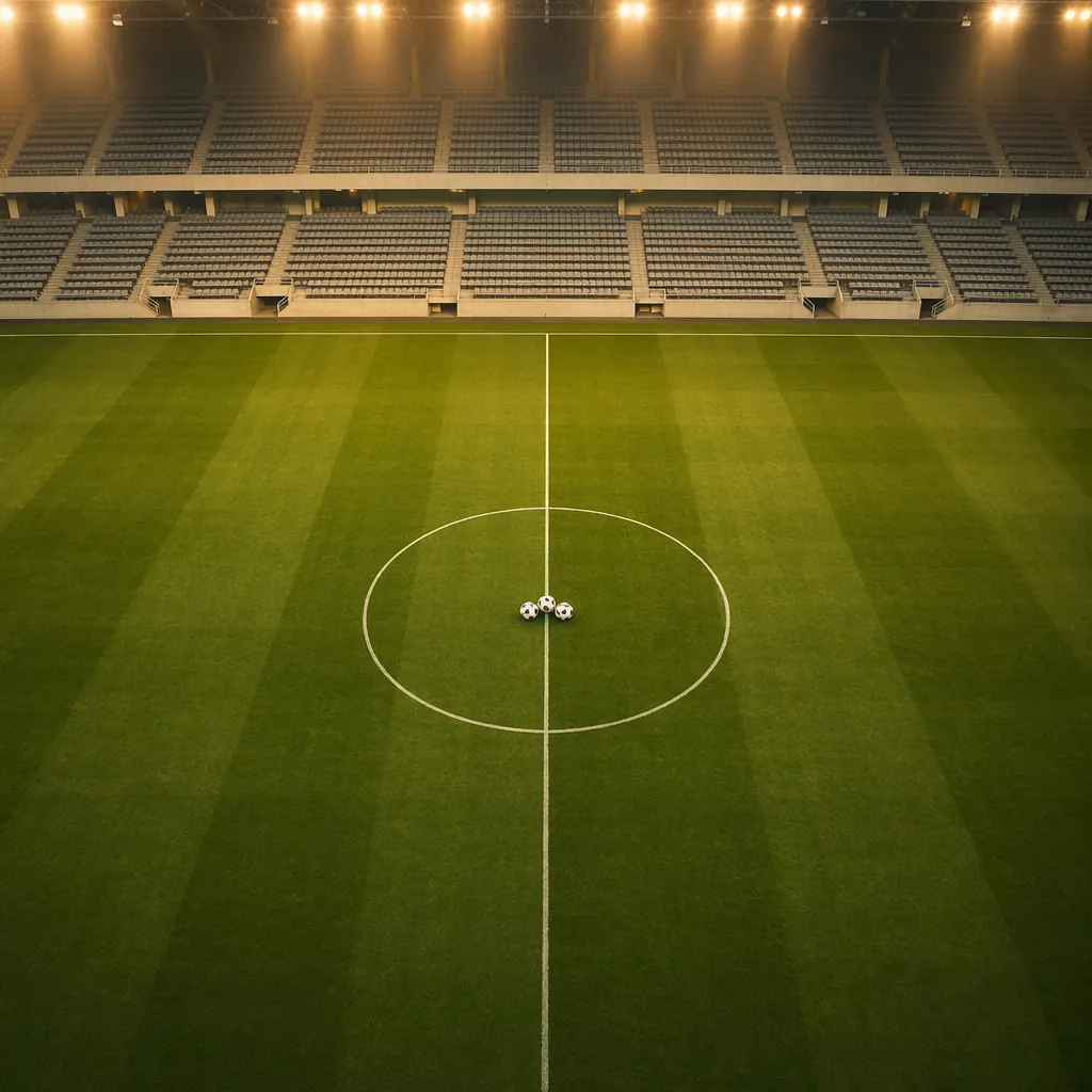 High angle shot of a soccer pitch with generic soccer balls placed at the center
