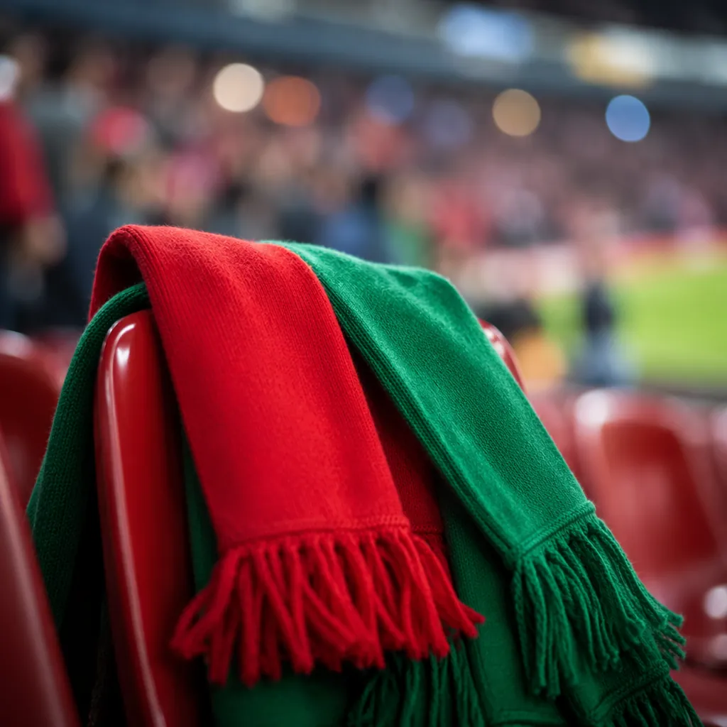 Close up shot of generic soccer fan scarves in red and green colors draped over
