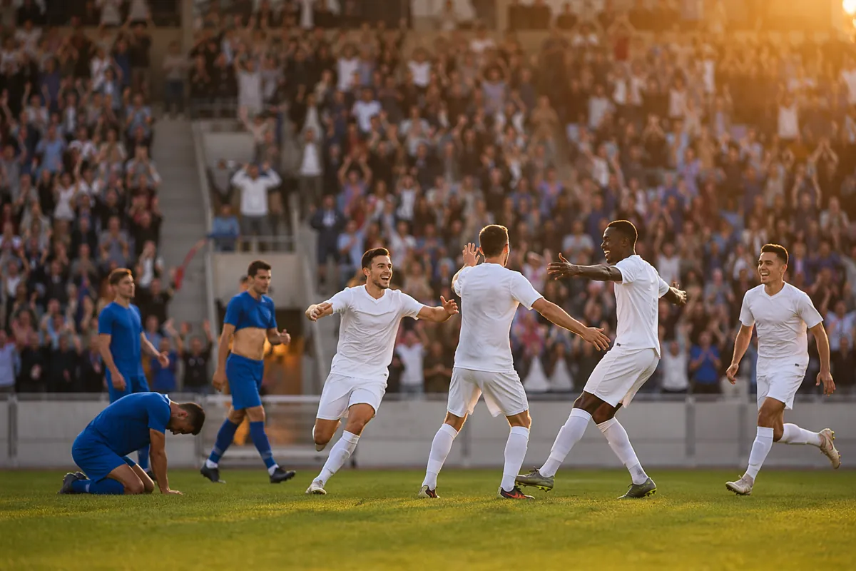 Wide shot of professional football match at golden hour, players in generic blue and white