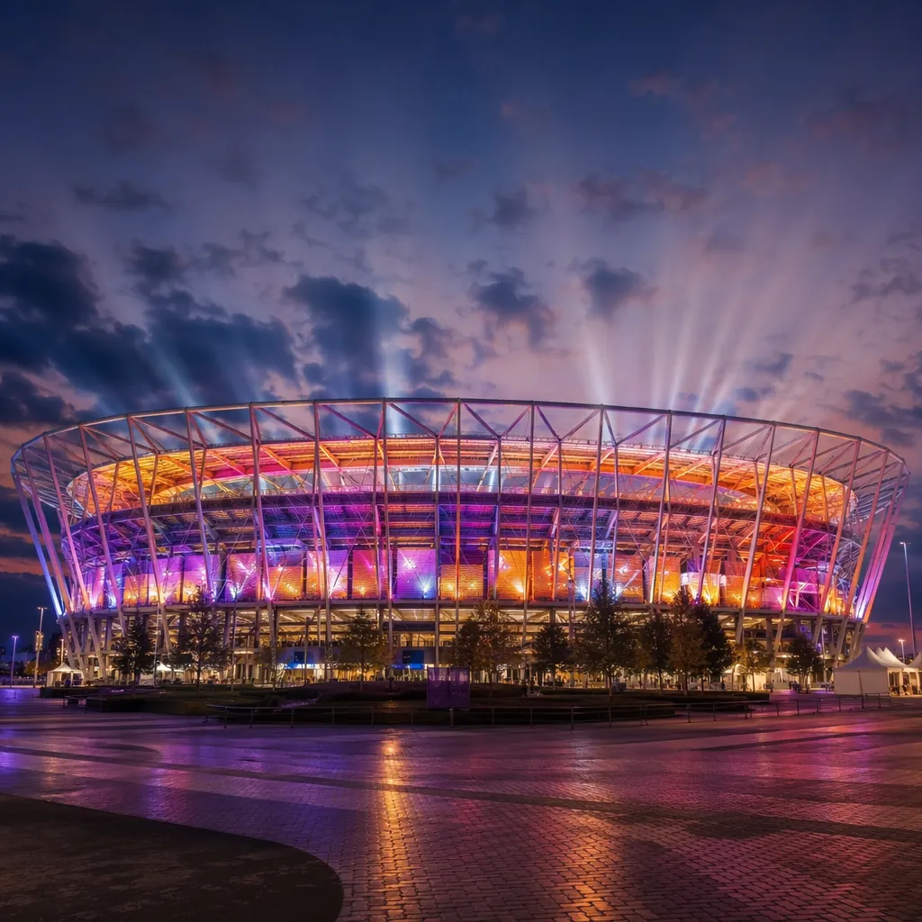 Exterior wide shot of modern World Cup stadium at dusk, colorful floodlights on,