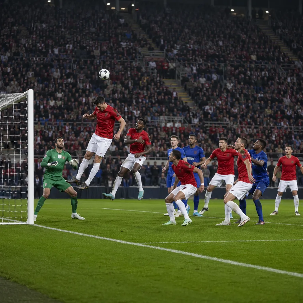 Wide shot of soccer defenders attempting to clear a cross in the penalty area, b