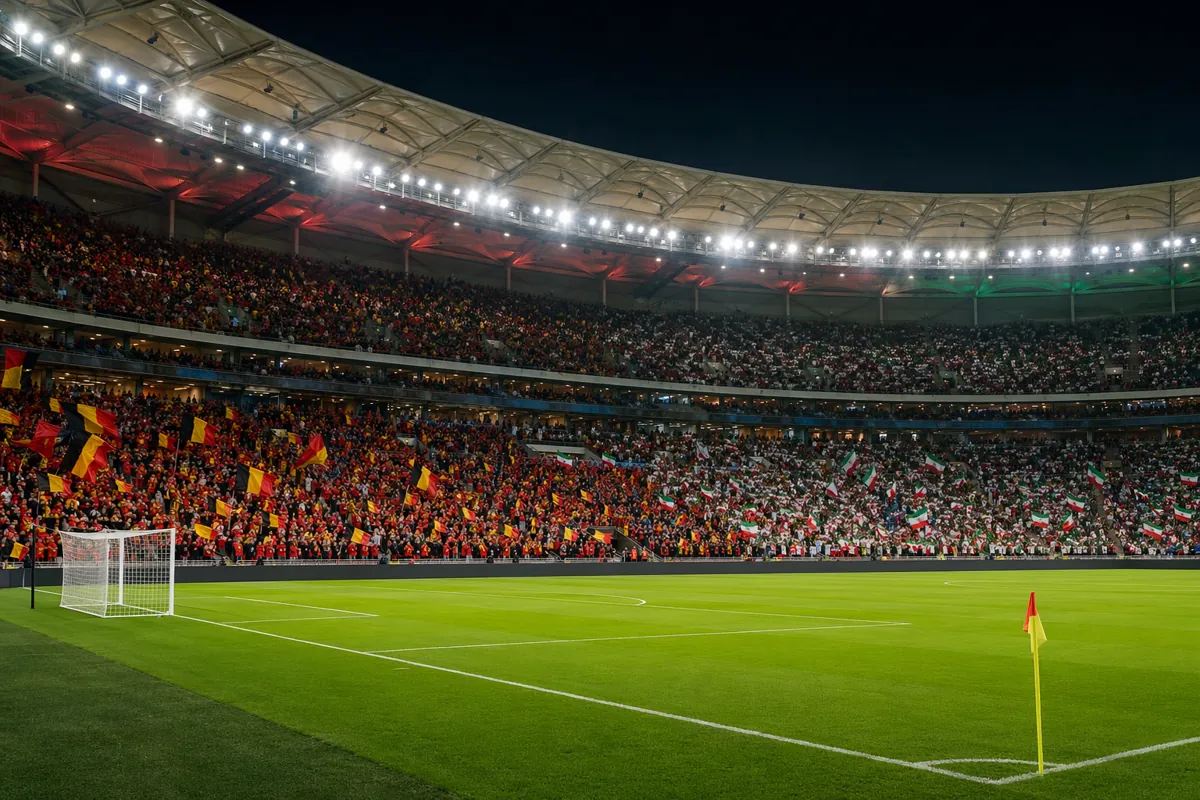 Wide shot of a professional football stadium during a friendly match, with fans waving red