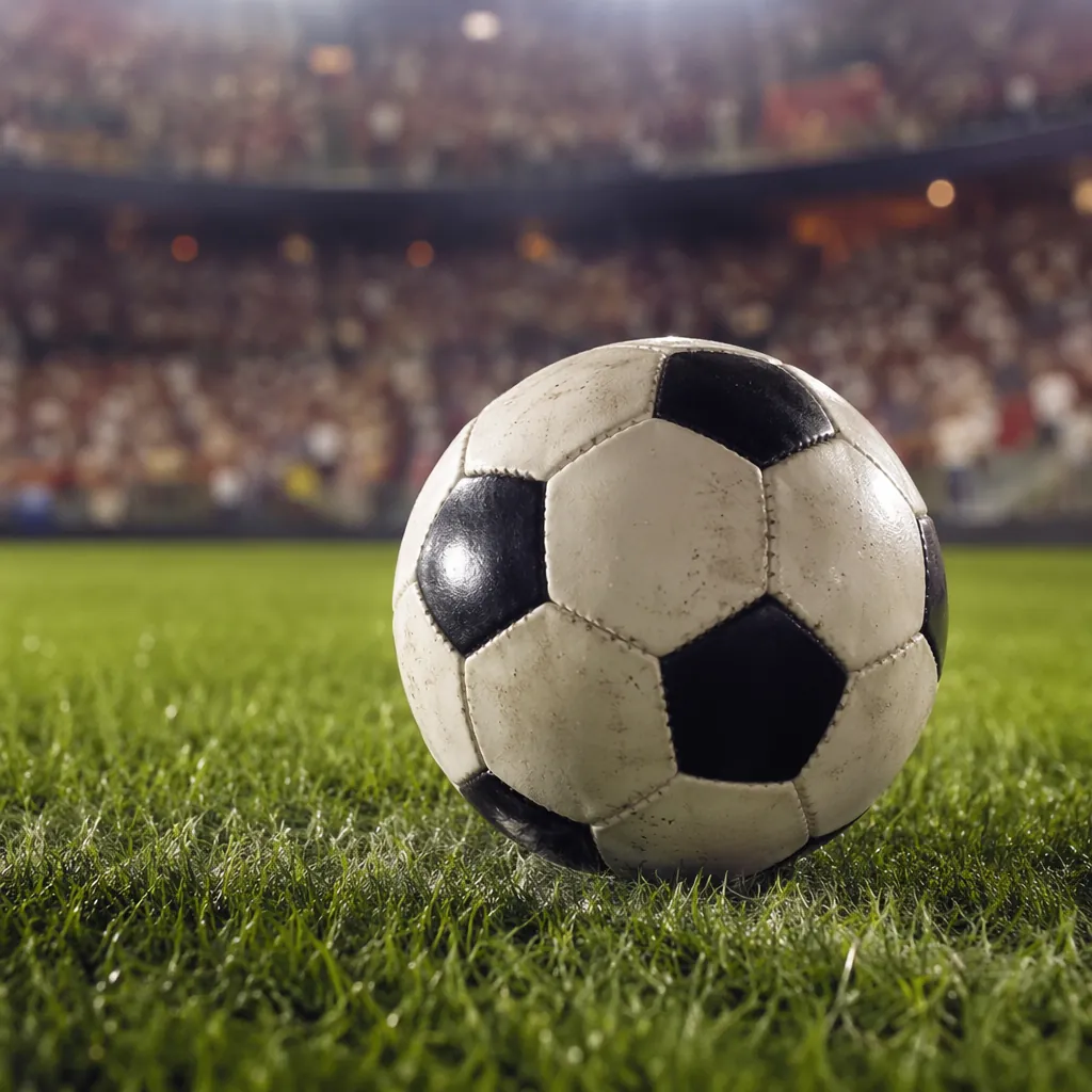 Close up shot of a football rolling on well-maintained green grass of a World Cu