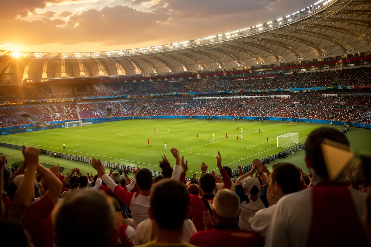Professional sports news header image, wide shot of a modern soccer stadium during golden