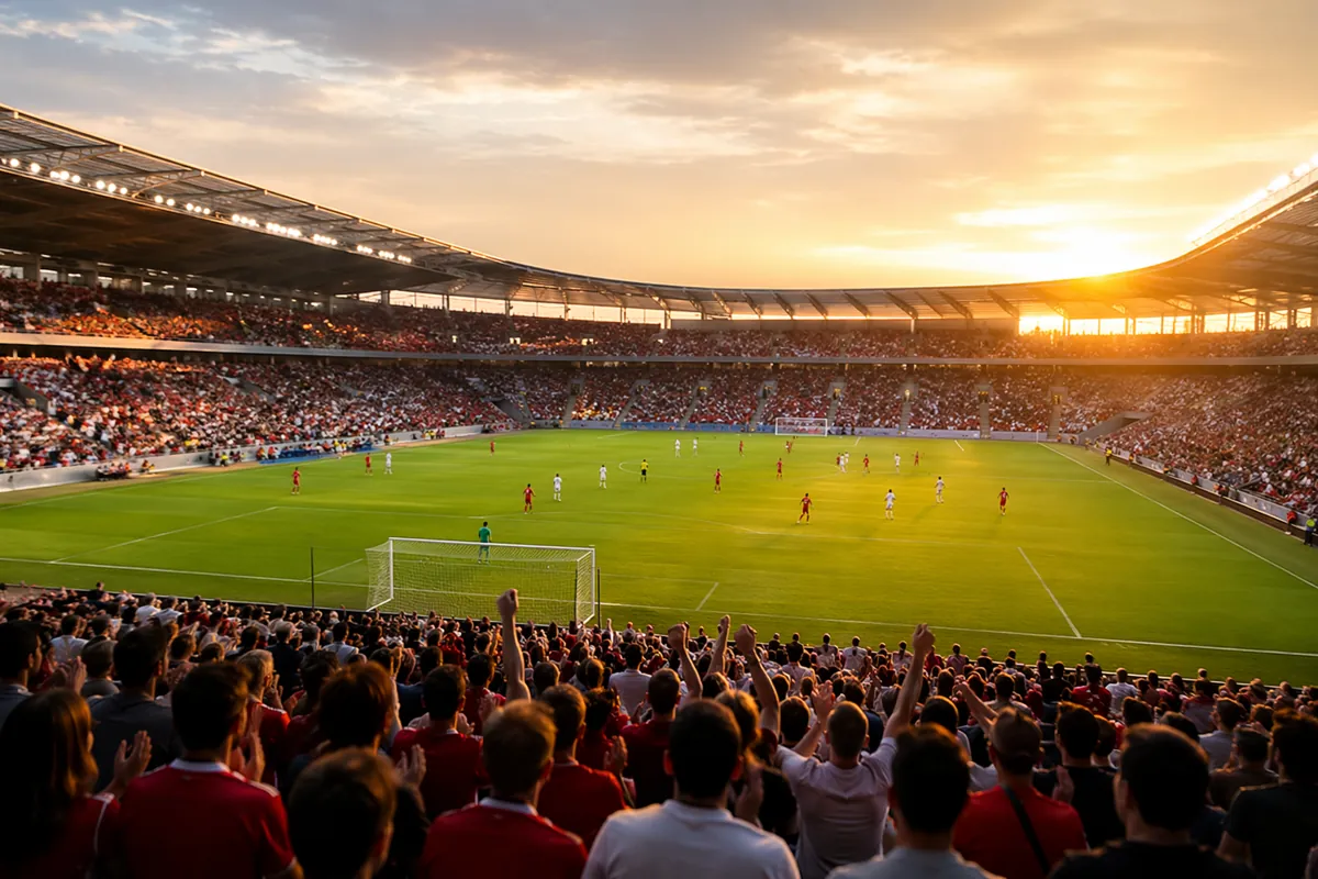 Wide shot of a professional soccer stadium during a friendly match at golden hour, blurred