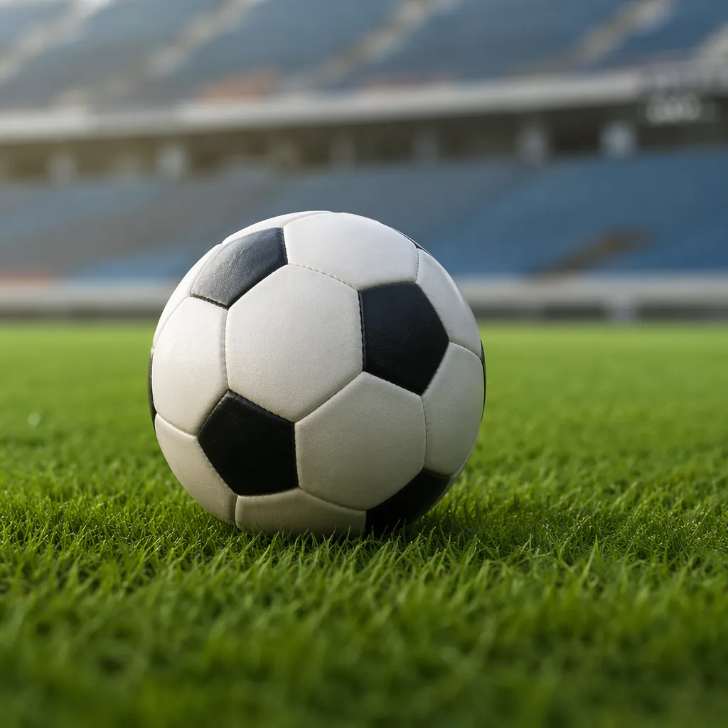 Close up shot of a soccer ball resting on well-maintained green grass pitch, blu