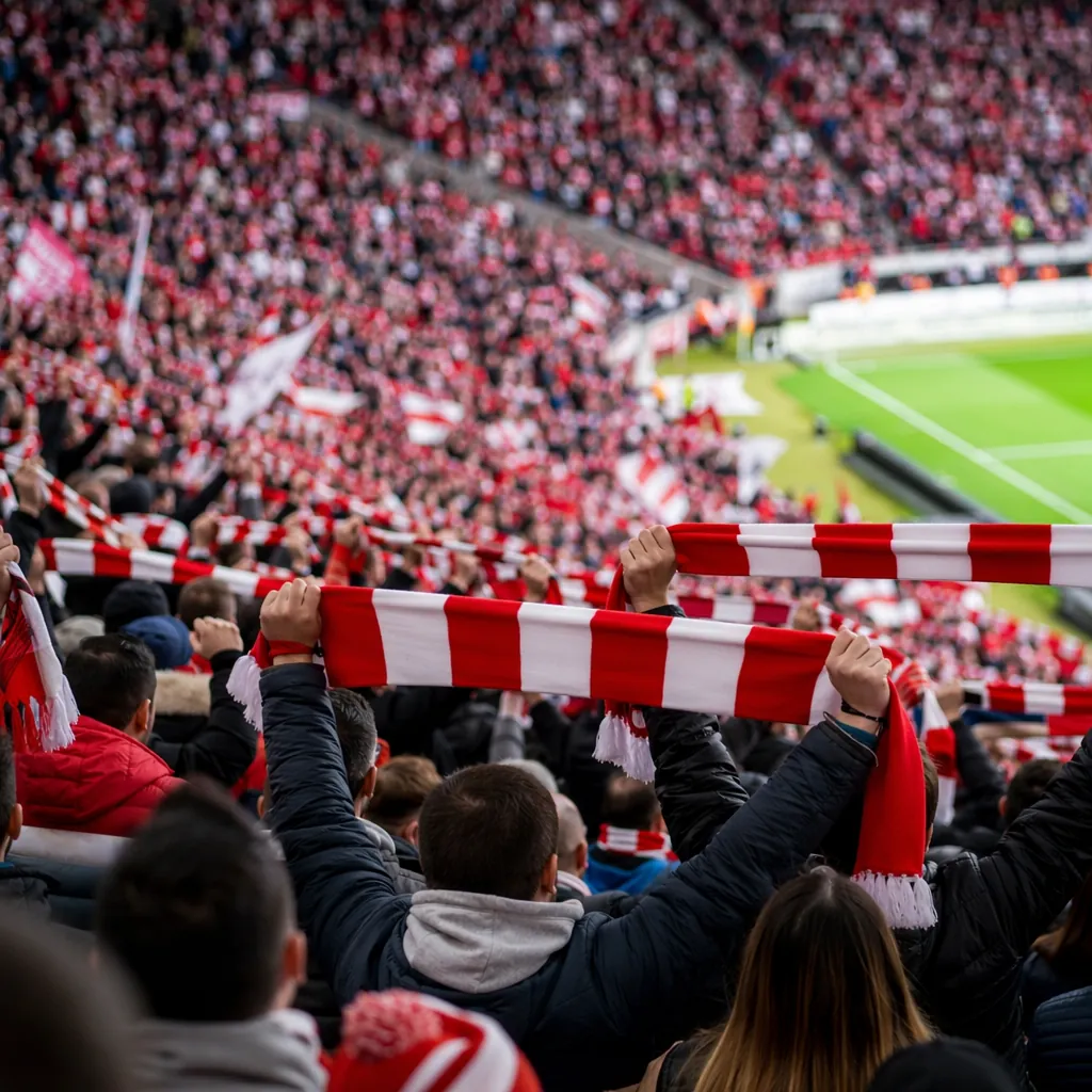 Wide shot of anonymous soccer fans wearing red and white scarves cheering in the
