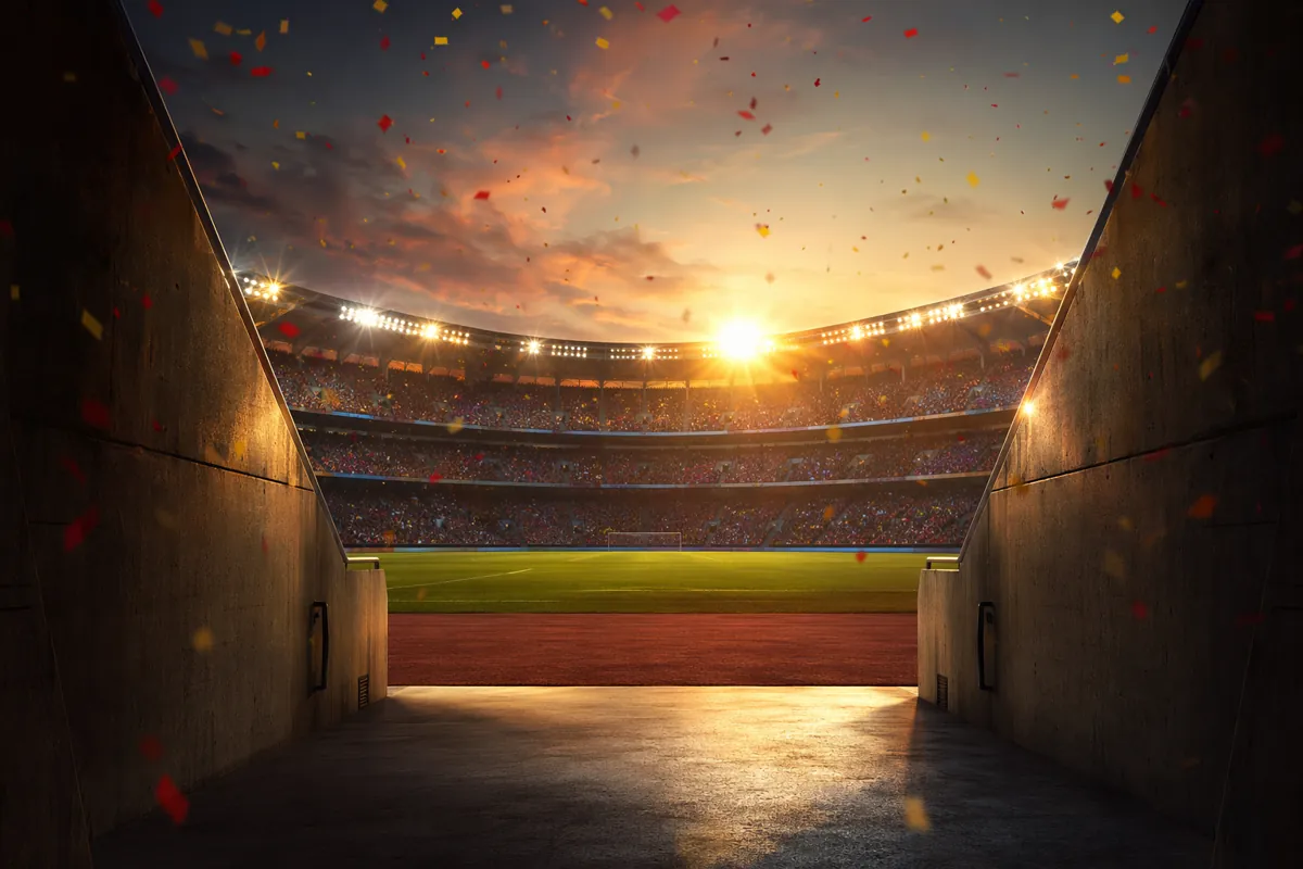 Wide shot of a football stadium at dusk, red and yellow confetti falling, empty player tun