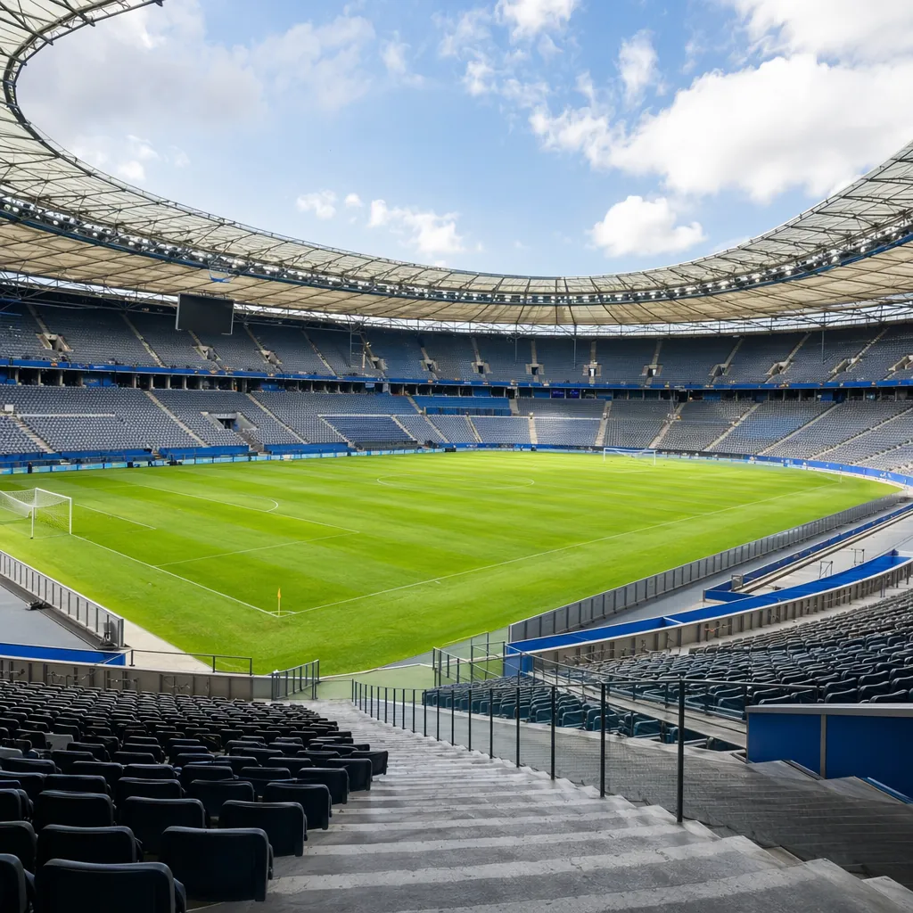 Modern football stadium interior with empty seats, generic international tournam