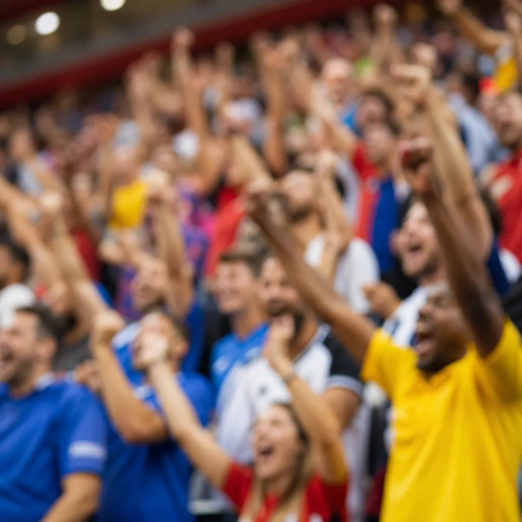 Blurred shot of diverse football fans cheering in stadium stands, wearing generi