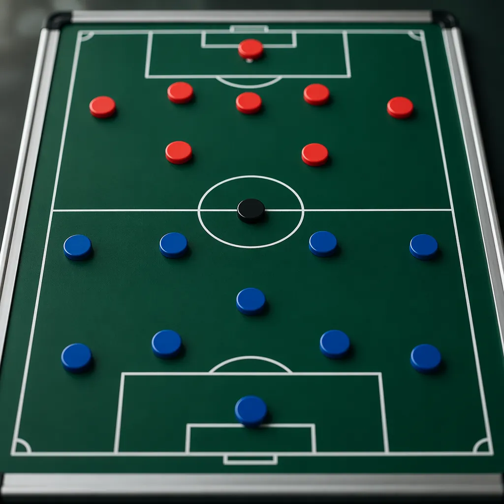 Close-up of a football match tactical board with formation markers, no player na