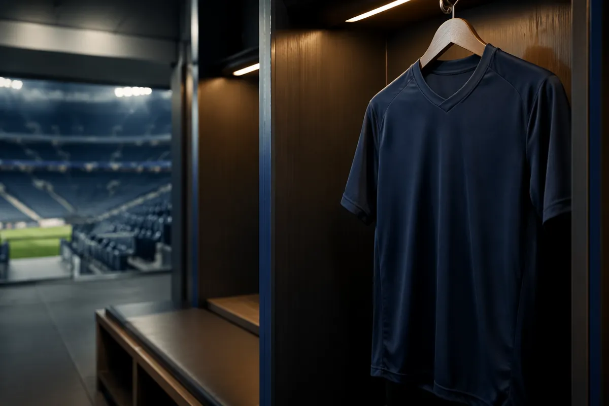 Professional sports editorial photo of a blank navy blue soccer jersey hanging in a modern