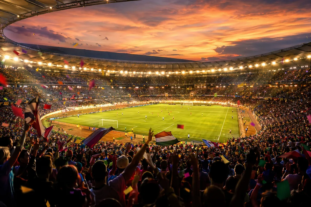 Wide shot of a professional soccer stadium at dusk, golden warm light illuminating the gre