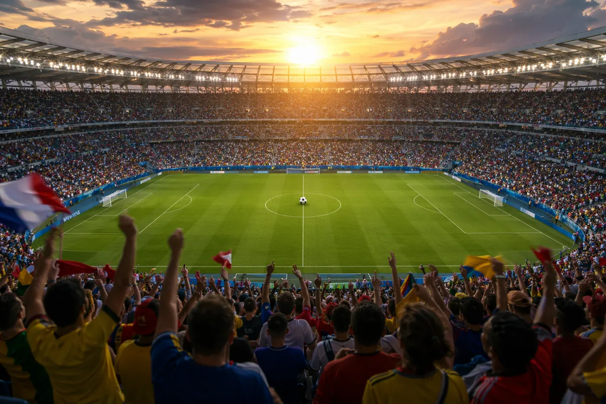 Wide shot of a generic FIFA World Cup football stadium at sunset, packed with cheering fan