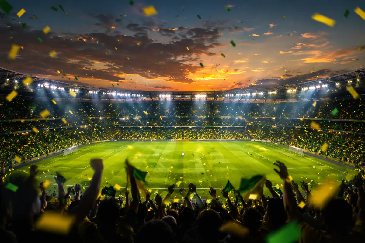 Wide shot of a vibrant soccer stadium at dusk, yellow and green confetti falling, blurred