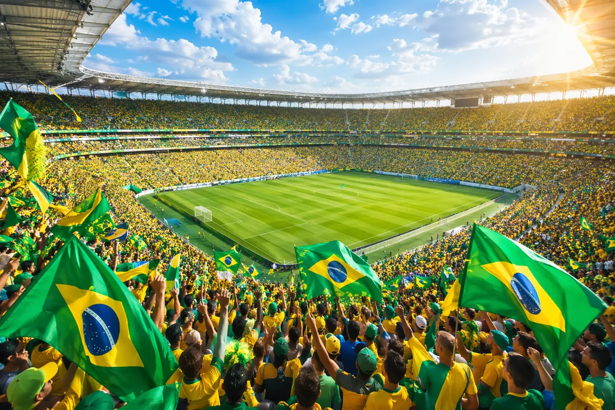Wide shot of a vibrant green and yellow football stadium filled with cheering fans waving