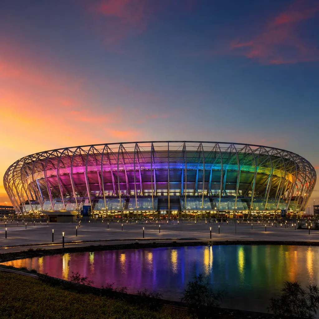 Panoramic view of a modern World Cup stadium exterior at dusk, colorful lights,