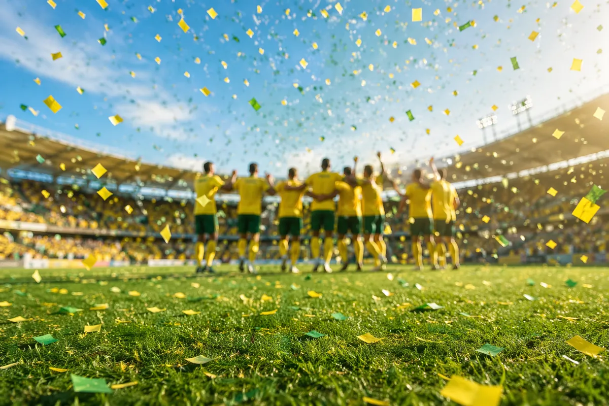 Wide shot of a vibrant green soccer pitch with yellow and green confetti falling, blurred