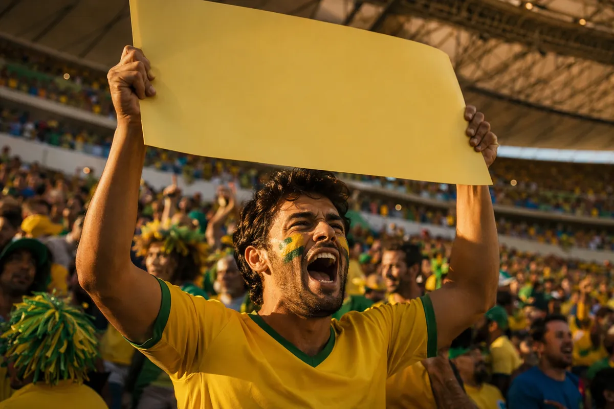 A dramatic wide shot of a passionate Brazilian football fan in a yellow and green jersey,