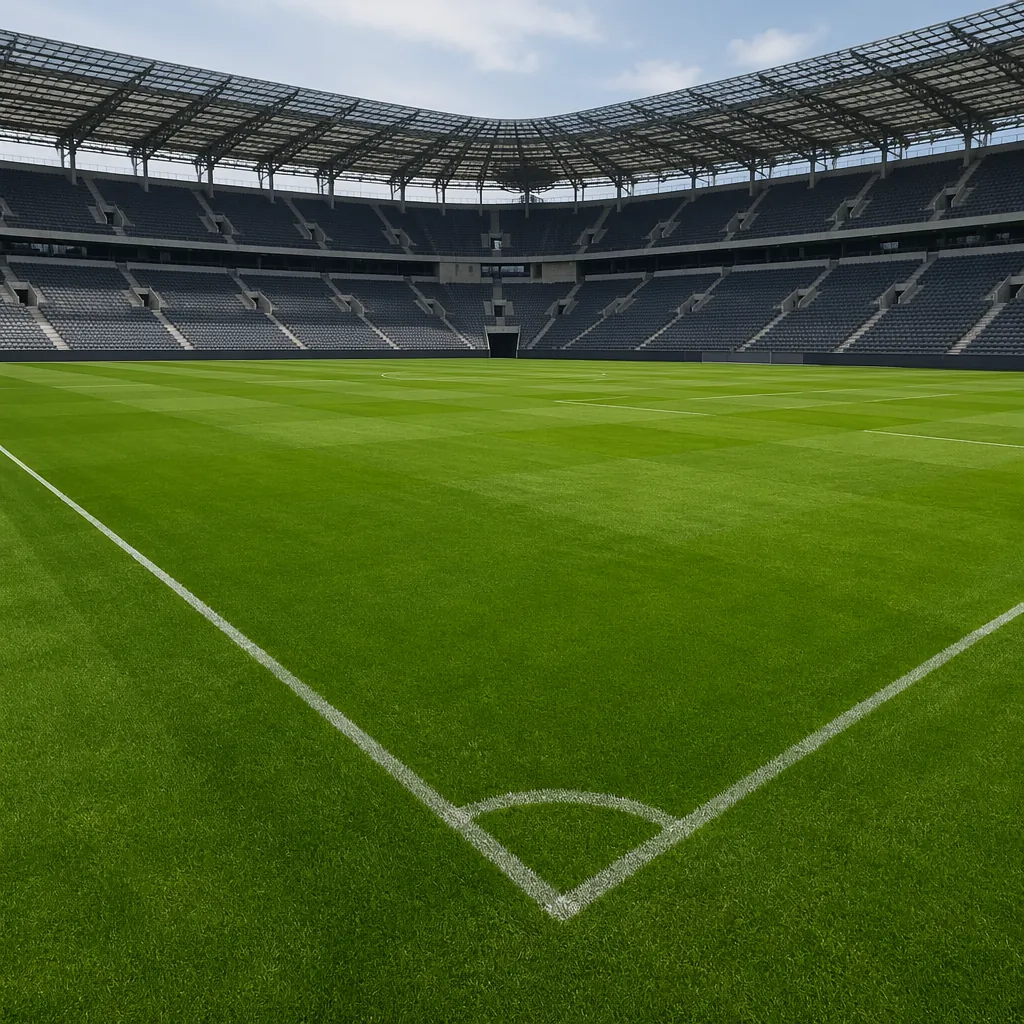 A shot of a generic football pitch with green grass and white lines, empty stadi