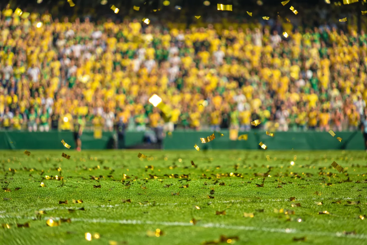 Wide shot of a vibrant green football pitch with golden confetti falling, blurred crowd of