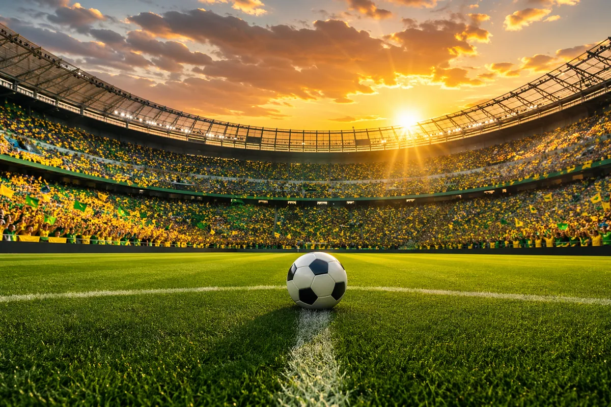 Vibrant wide shot of a large soccer stadium filled with fans wearing yellow and green clot