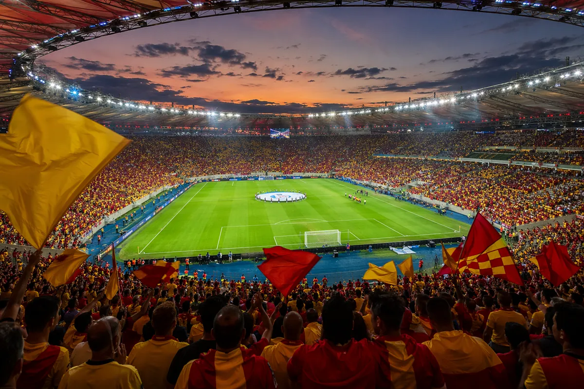 Wide shot of a packed professional football stadium at dusk, vibrant green pitch under bri