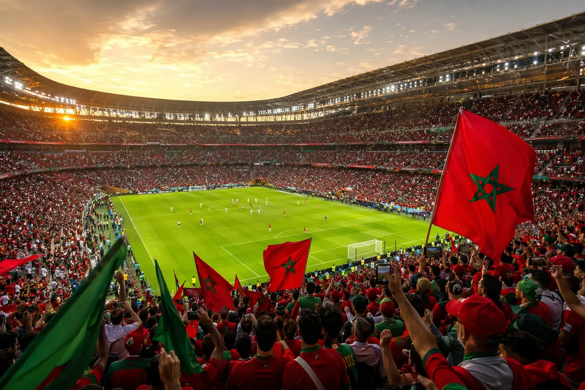 Wide shot of a packed World Cup football stadium at golden hour, with green pitch, bright
