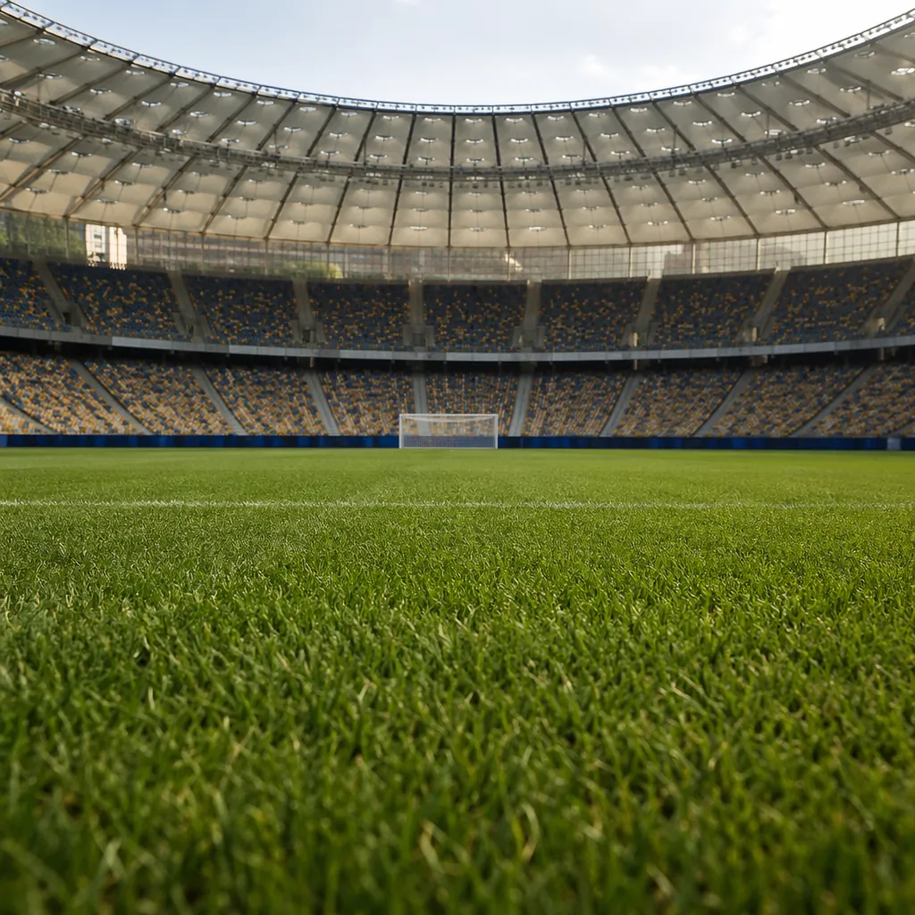 Low angle shot of well-maintained green football pitch in a large World Cup styl