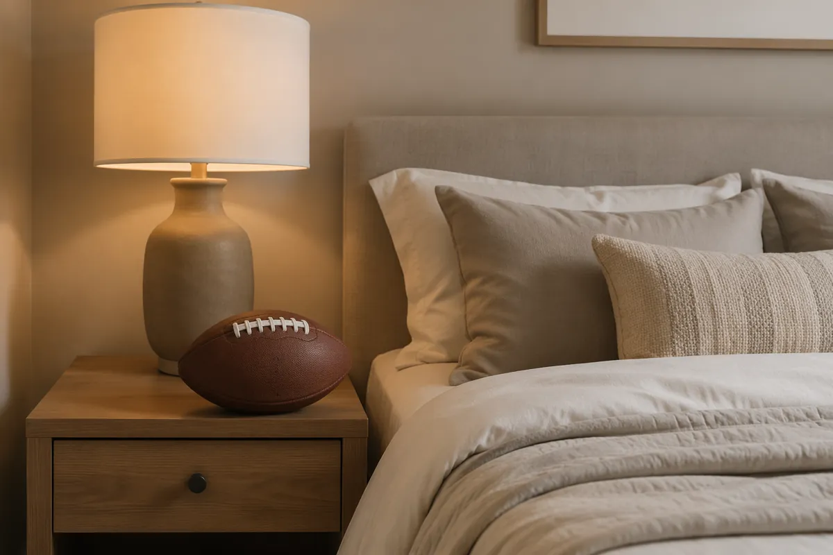 Editorial style photo of a cozy, minimal bedroom with soft warm lighting, a football place
