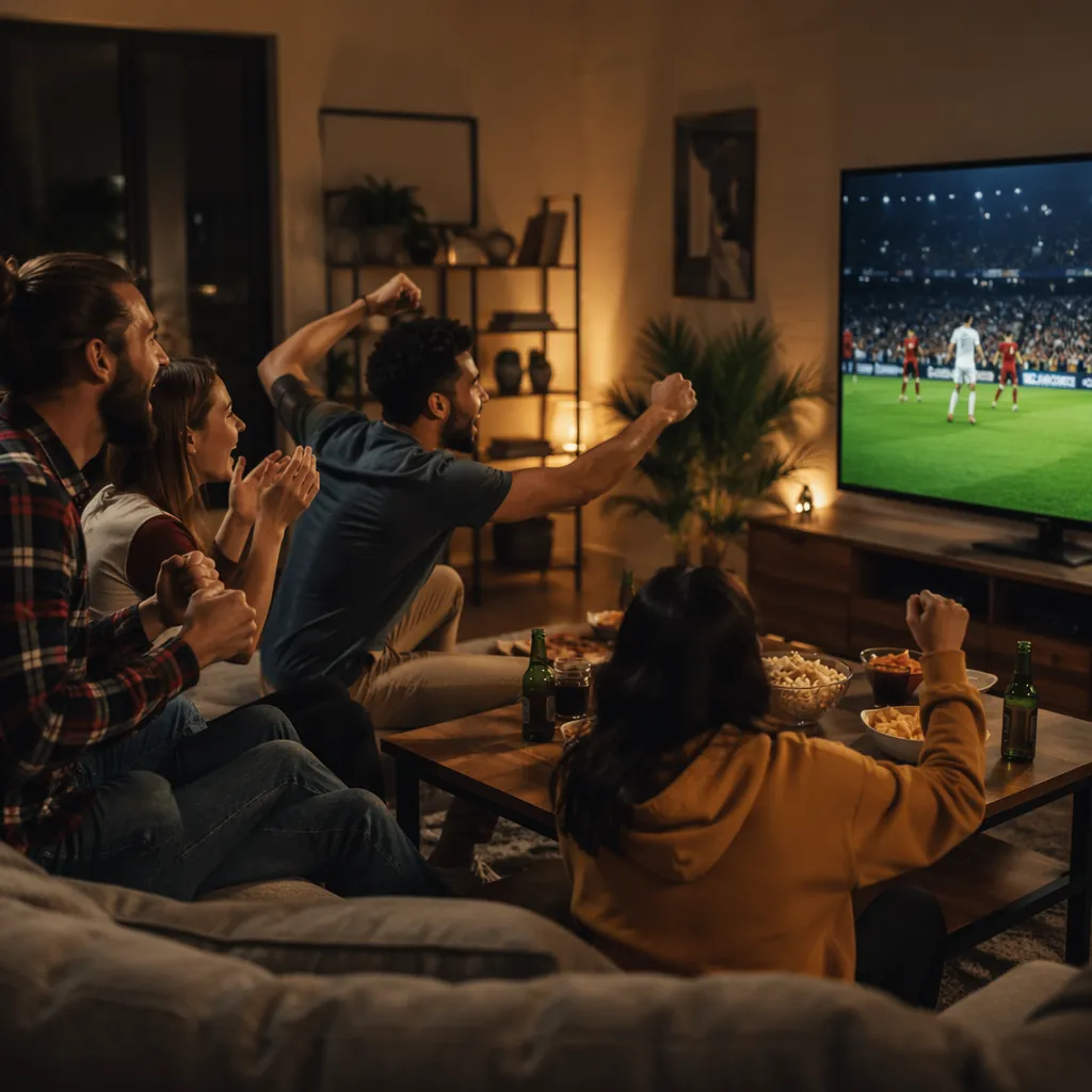 Warm lifestyle photo of a group of friends watching a football match on a living