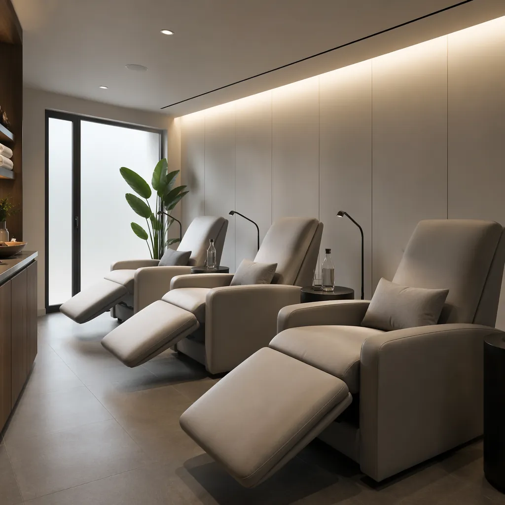 Minimalist sports recovery room with soft lighting, comfortable recliner chairs,