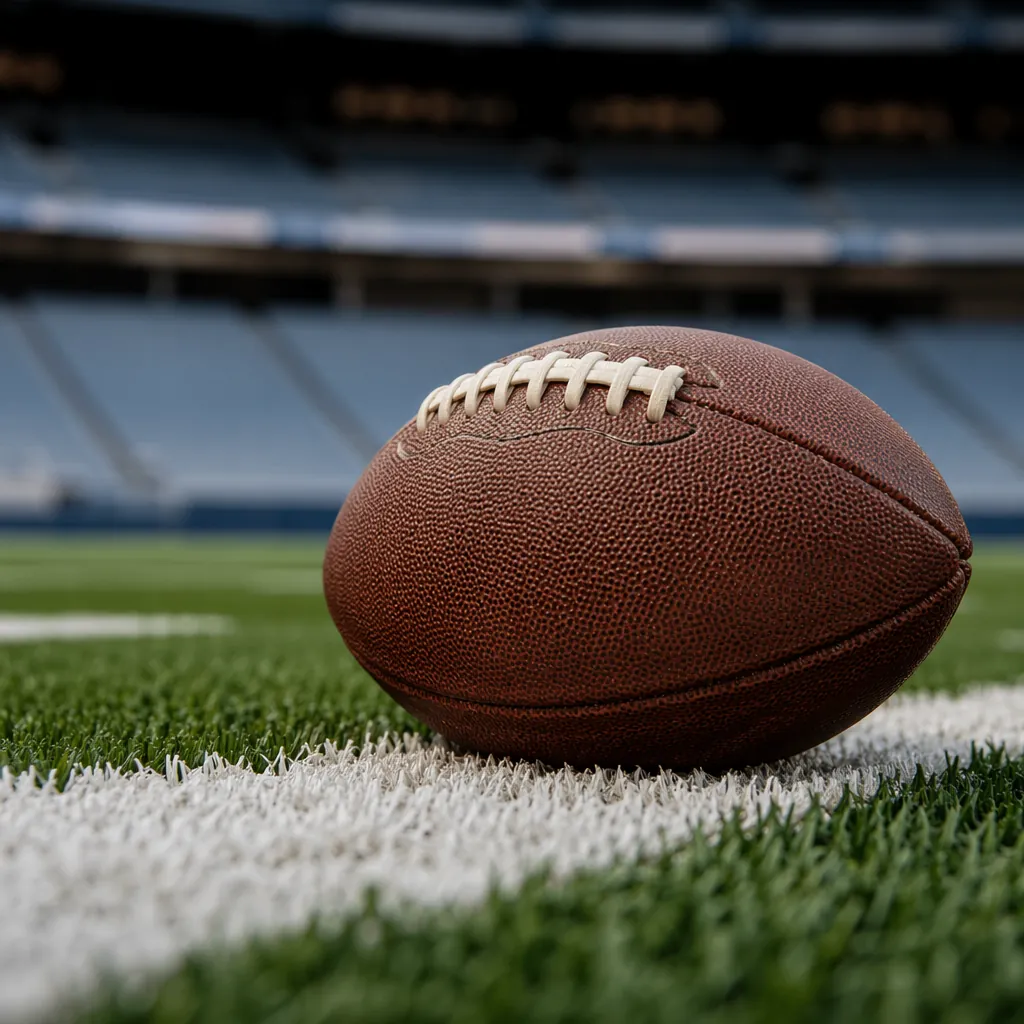 Close up shot of a football resting on white pitch line, empty stadium seats in