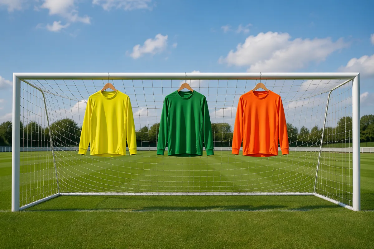 Wide shot of a professional football goal with three plain goalkeeper jerseys hanging on t