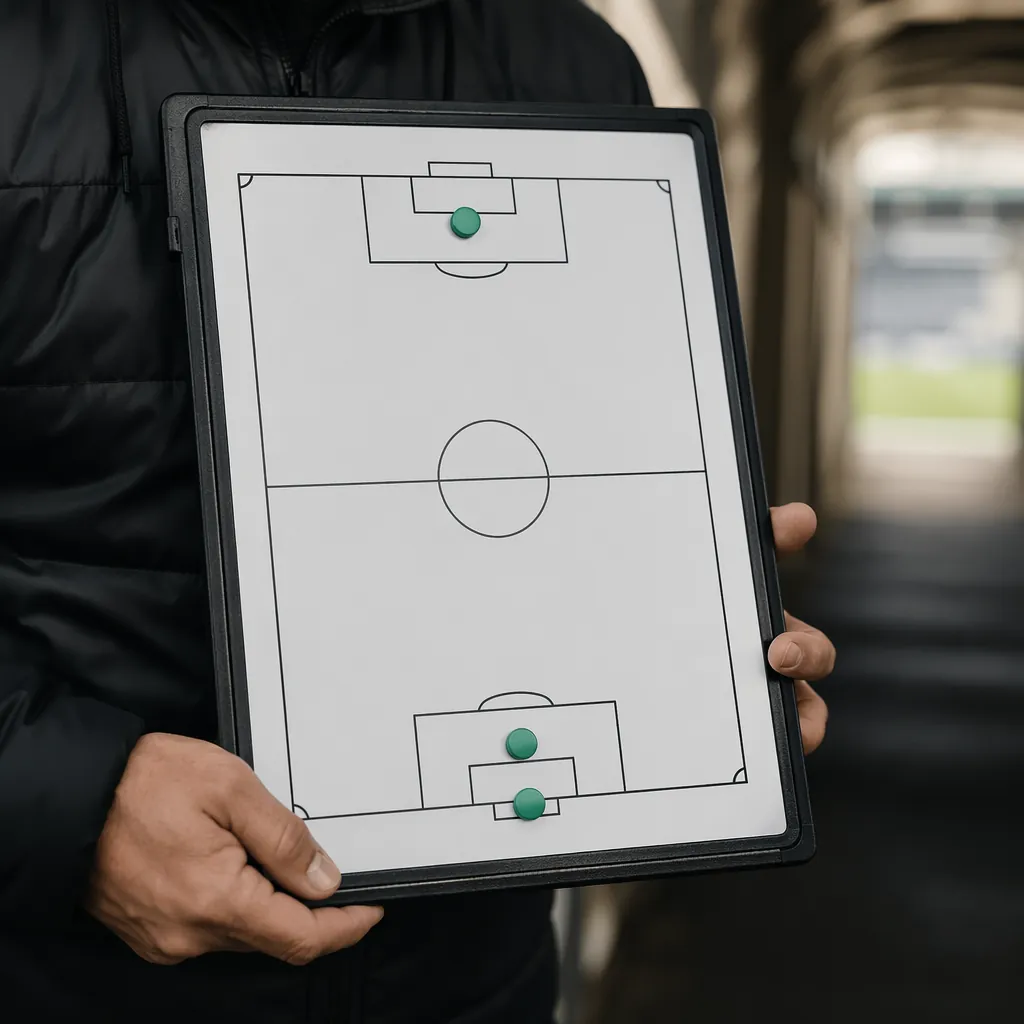 Close up of a football coach holding a blank tactical board with three goalkeepe