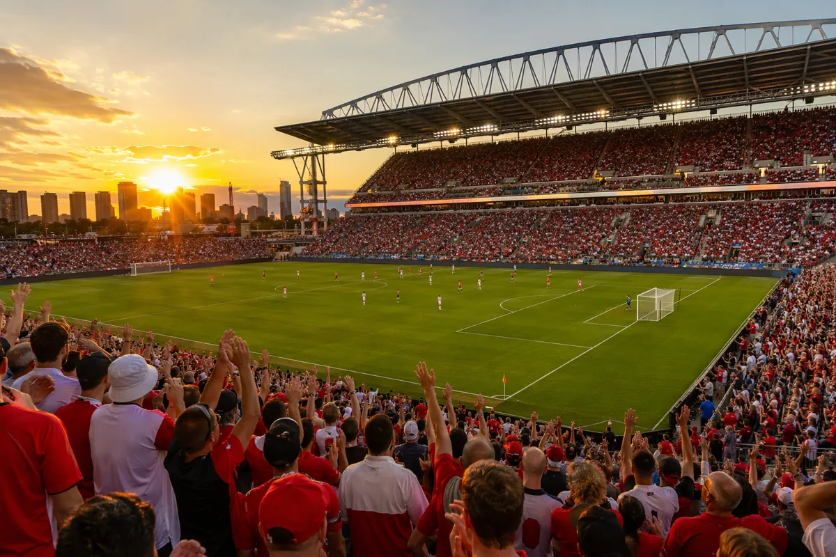 Wide shot of a modern soccer stadium in Canada during golden hour, cheering fans wearing r