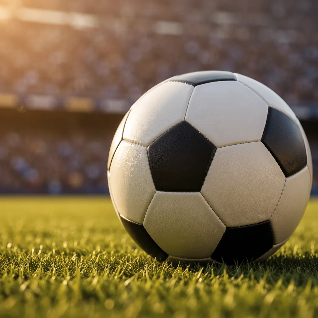 Close up of a soccer ball resting on green grass pitch, blurred crowd in the bac