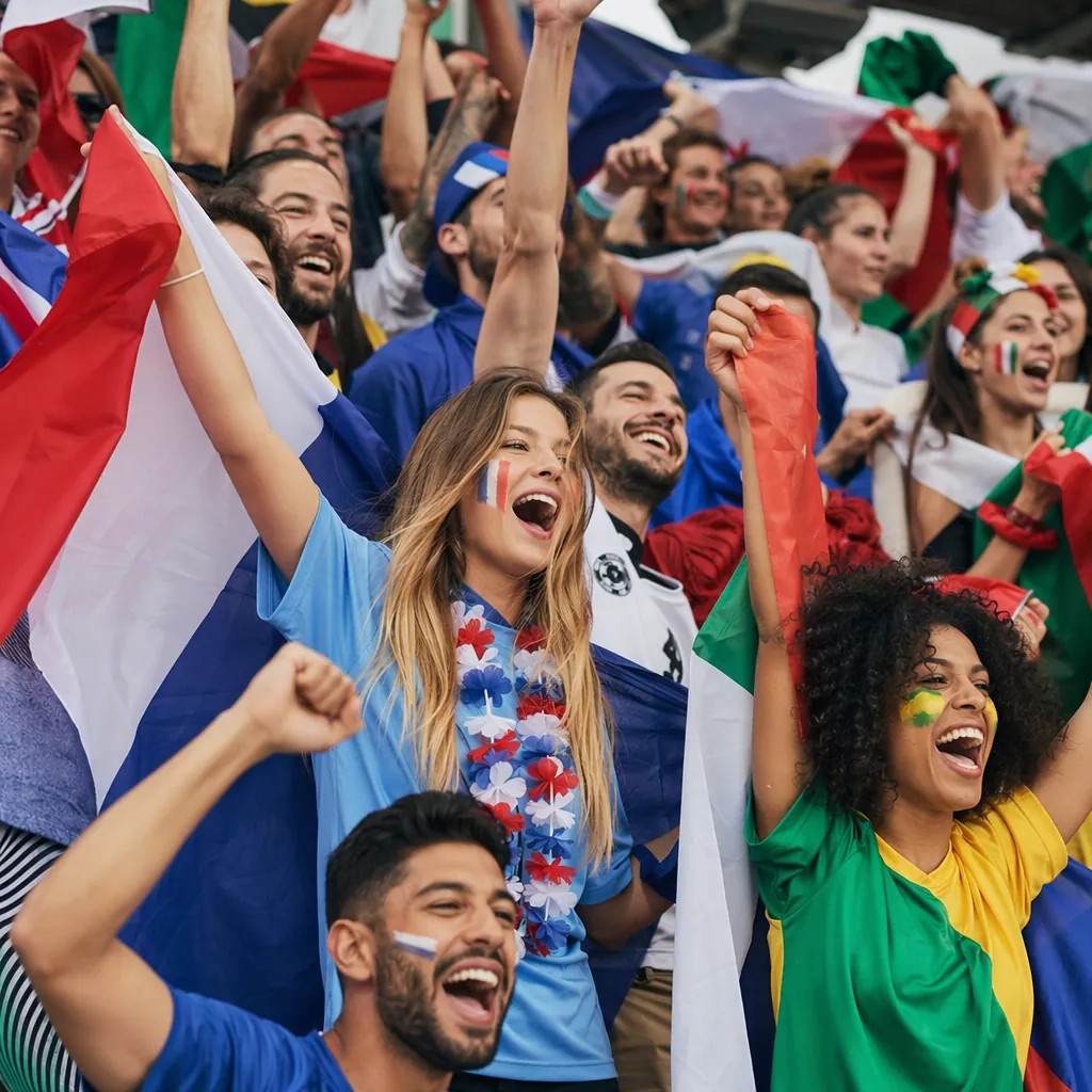 Candid shot of diverse soccer fans celebrating in stadium stands, waving nationa