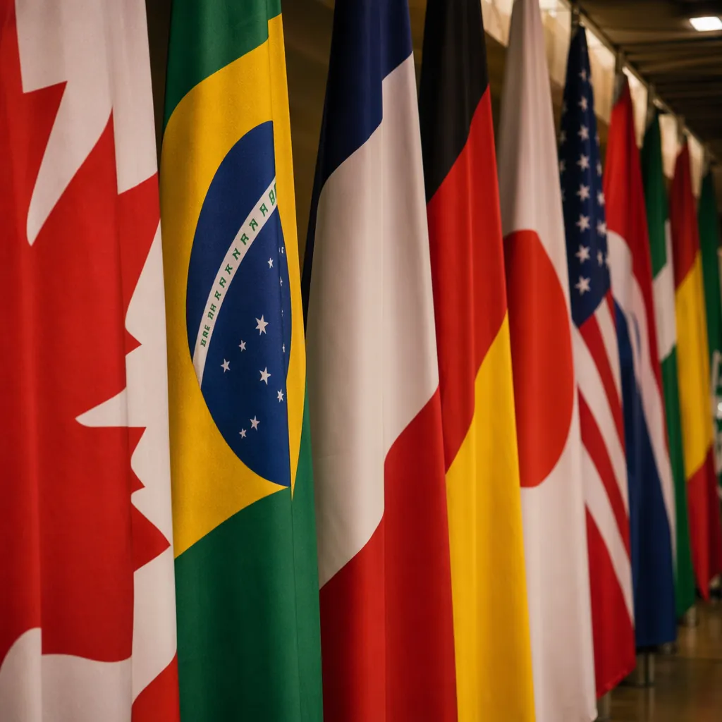 Close up of various colorful national flags hung neatly in a stadium corridor, s