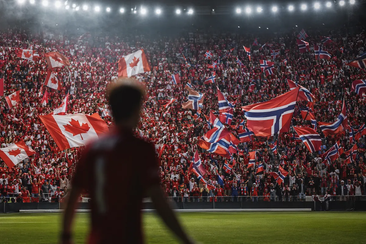 Wide shot of vibrant World Cup pre-game atmosphere, soccer fans waving national flags of C