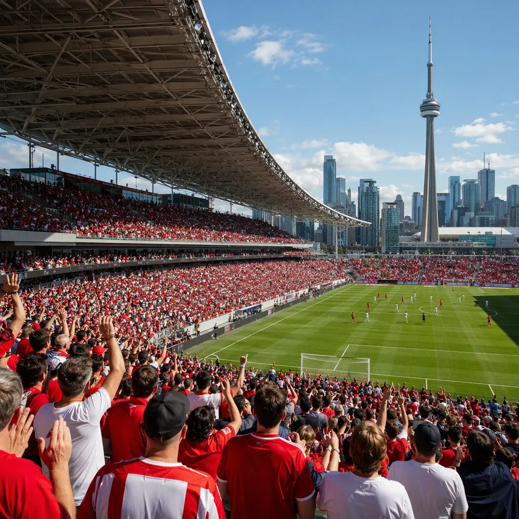 Side view of a modern soccer stadium in Toronto, filled with cheering fans weari