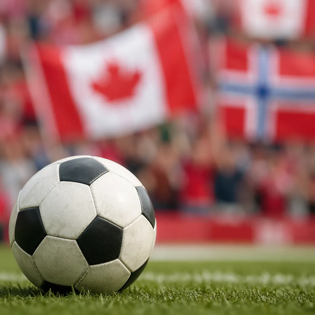 Close up of a soccer ball on green grass field, blurred background of fans holdi
