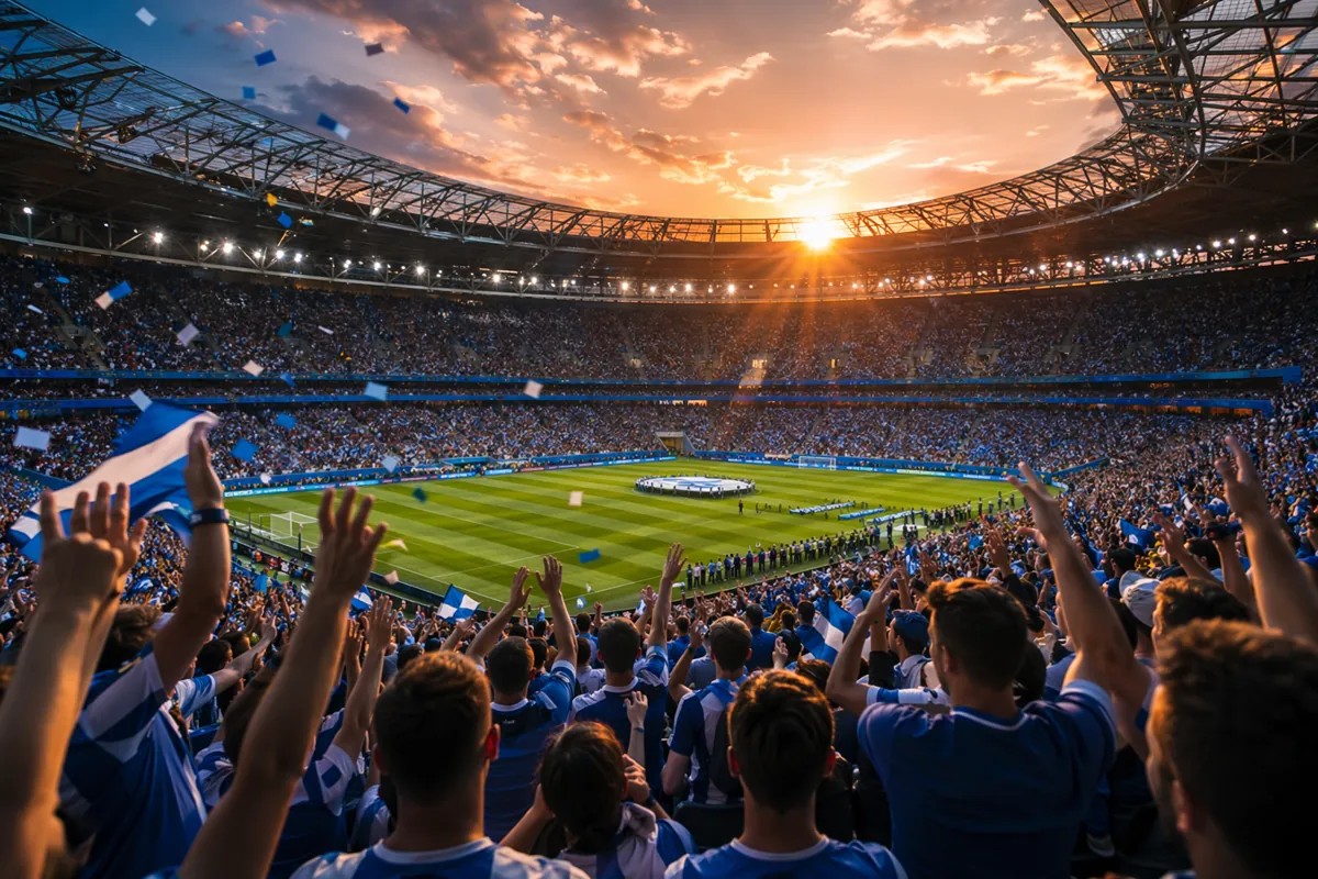 A wide shot of a vibrant football stadium during golden hour sunset, with thousands of che